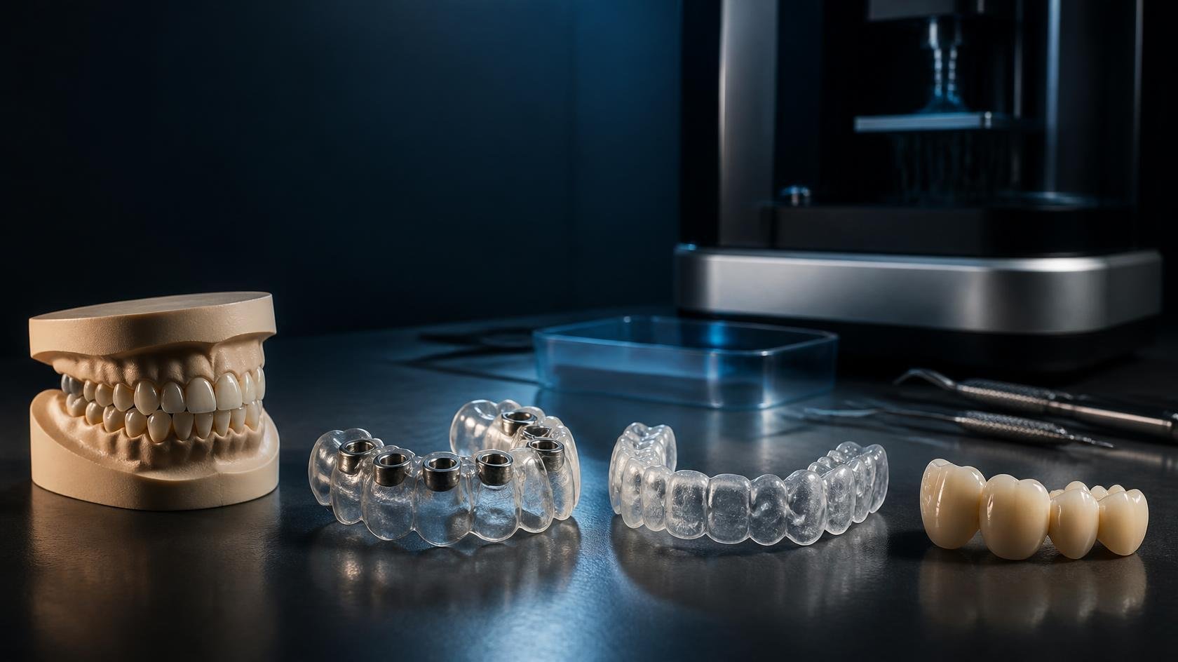 Immagine hero editoriale e rappresentativa per lapertura di un articolo blog sulla correlazione tra indicazioni cliniche e classificazione dei materiali nella stampa 3D dentale. Scena premium in un labor