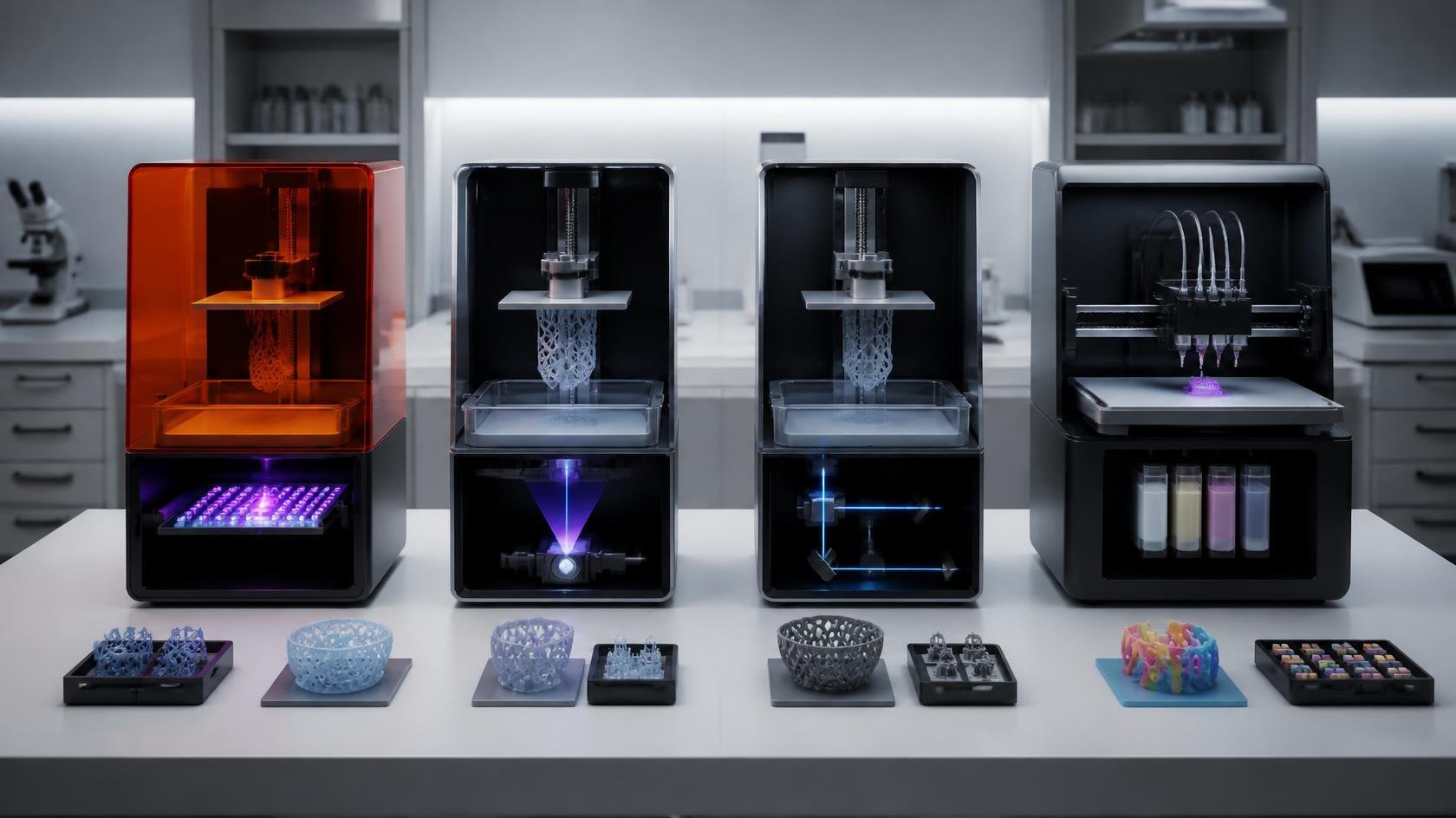 Immagine panoramica 16_9, composizione professionale in un laboratorio tecnologico pulito con quattro aree visive ben distinte e una sola stampante 3D per ciascuna tecnologia. Prima area_ stampante a resi
