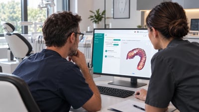 Infografica editoriale fotorealistica e professionale, in italiano, che rappresenta una prescrizione odontoiatrica digitale completa per un dispositivo medico su misura realizzato a partire da una scansio